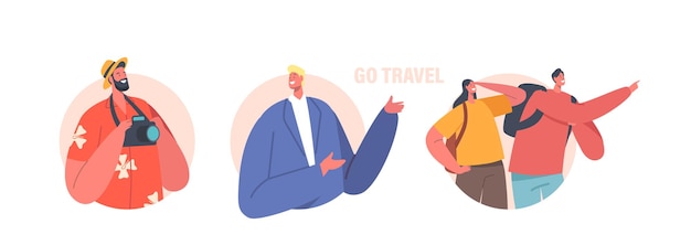 Toeristen Man en vrouw Backpackers en gids Geïsoleerde pictogrammen of Avatars Reizigers Wandelen Avontuur Vakantiereis
