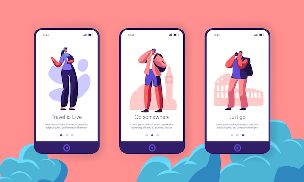 Toeristen met rugzakken bestellen reistoer reis mobiele app-pagina schermset aan boord