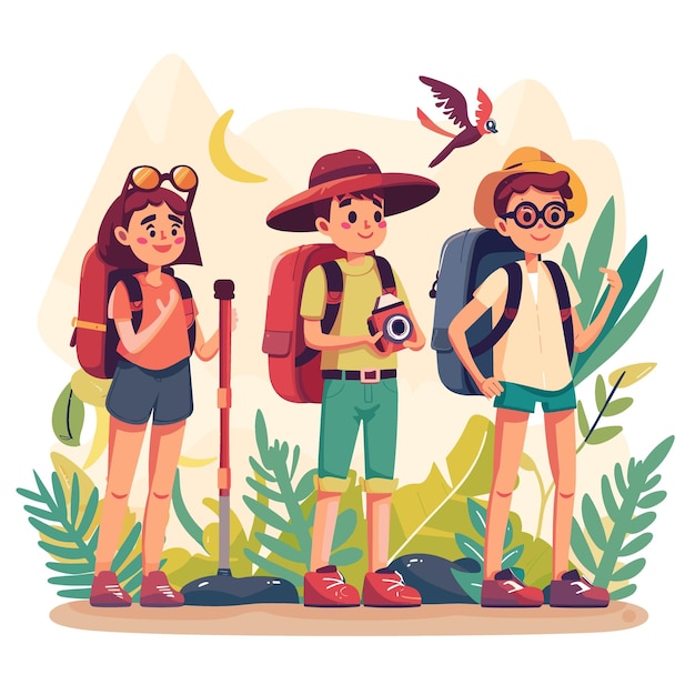 Toeristen met rugzakken en verrekijker op wandeling Vector illustratie