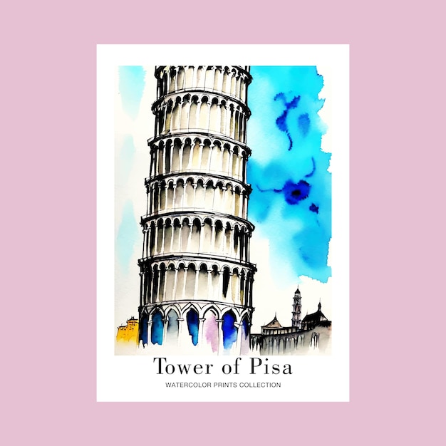 Toeristische aquarelillustratie van de toren van Pisa