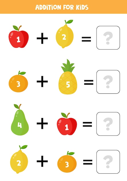 Toevoeging met schattig kleurrijk fruit. educatief rekenspel voor kinderen.