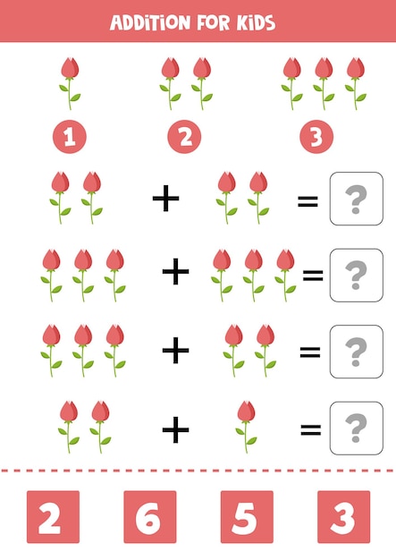 Toevoeging met schattige cartoon roze bloem Educatief rekenspel voor kinderen