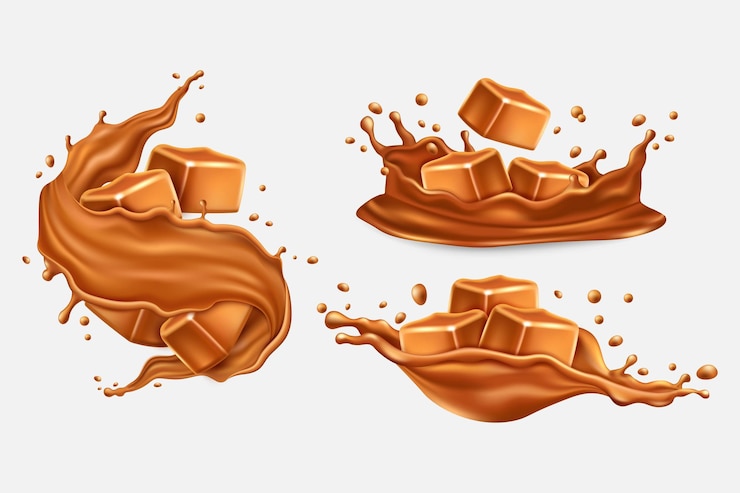 Vector チョコレート・スプラッシュセットのトーフィー・カラメルミルクチョコ糖シロップまたはデザート・クリーム 3dブラウン・アイソレート・ピーススウィール・コンフェッショナリー溶ける液体ベクトル・リアリズムイラストレーション