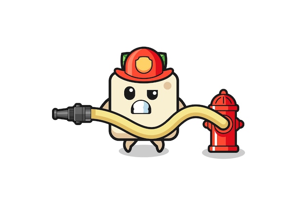 Tofu cartoon as firefighter mascot with water hose