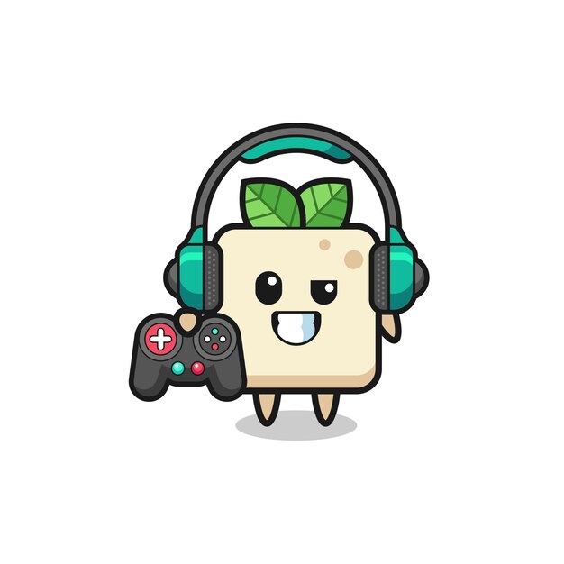 Tofu-gamermascotte met een gamecontroller, schattig ontwerp