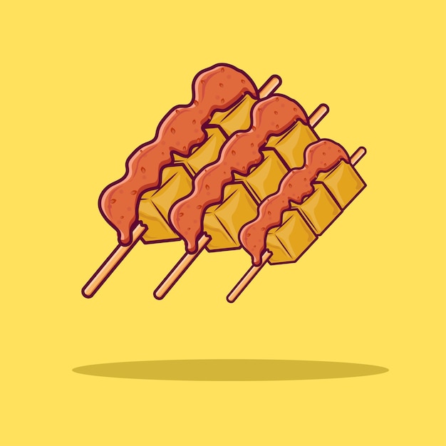 Tofu satay with sauce. asian food with colored hand drawing style