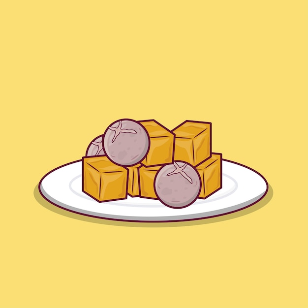 Tofu saté en gehaktballetjes. aziatisch eten met gekleurde handtekeningstijl