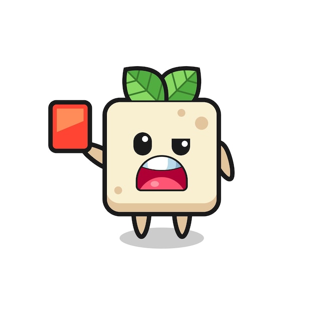 Tofu schattige mascotte als scheidsrechter die een rode kaart geeft, schattig stijlontwerp voor t-shirt, sticker, logo-element