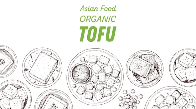 Tofu top view hand drawn vector illustration tofu sketch asian food tofu dish vegan food vintage design template product design great for packaging recipe book menu