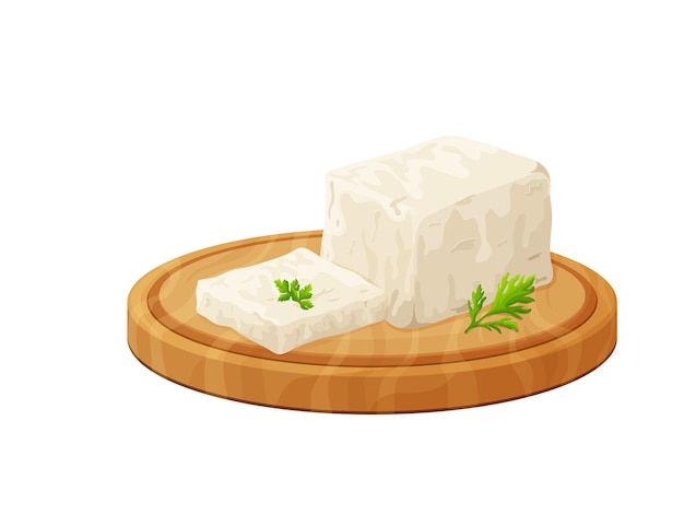 Tofu su tavola di legno, soia, oliva, composizione di feta affettata in stile cartone animato, cibo vegetariano sano