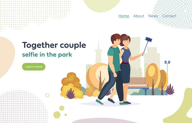 Vector together couple selfie in the park selfie together photo in love couple woman and man taking selfphoto as keepsake on the background of beautiful autumn city park vector cartoon illustration