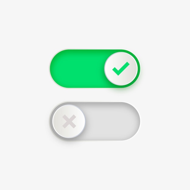 Toggle switch buttons on and off icon with green yes check mark symbol or switcher slider button set