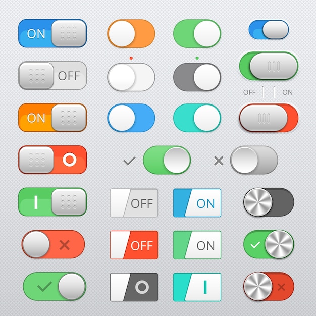 토글 스위치 세트, 켜기 및 끄기 슬라이더, 벡터 요소