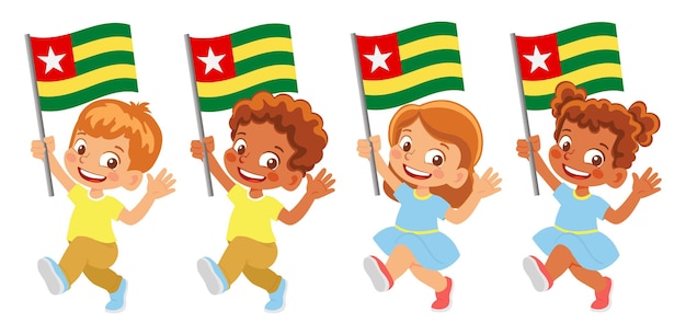 Togo flag in hand. Children holding flag. National flag of Togo