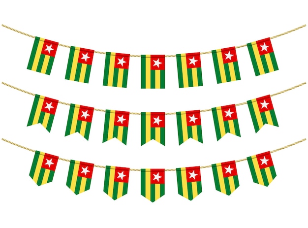 Togo flag on the ropes on white background. Set of Patriotic bunting flags. Bunting decoration of Togo flag