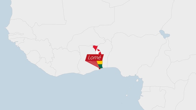 Togo-kaart gemarkeerd in togo-vlagkleuren en pin van de hoofdstad lome