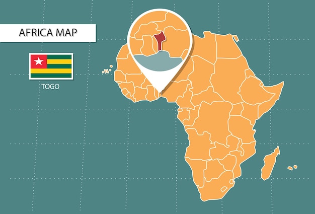 Vector togo-kaart in afrika zoomversiepictogrammen die de locatie en vlaggen van togo tonen