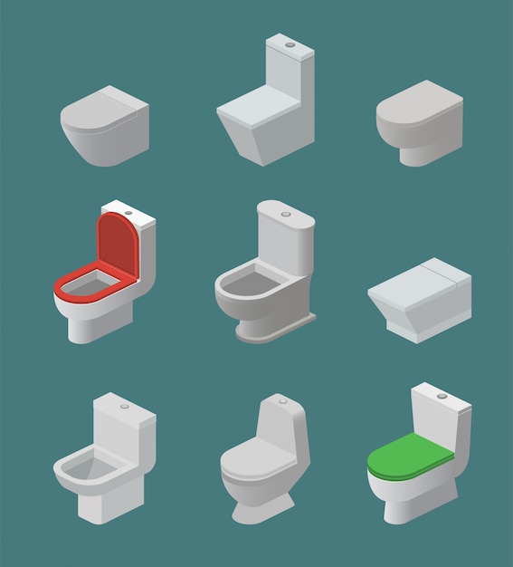 Унитаз и сиденье вектор изометрические значки туалетные принадлежности вровень и ванная комната керамическое оборудование