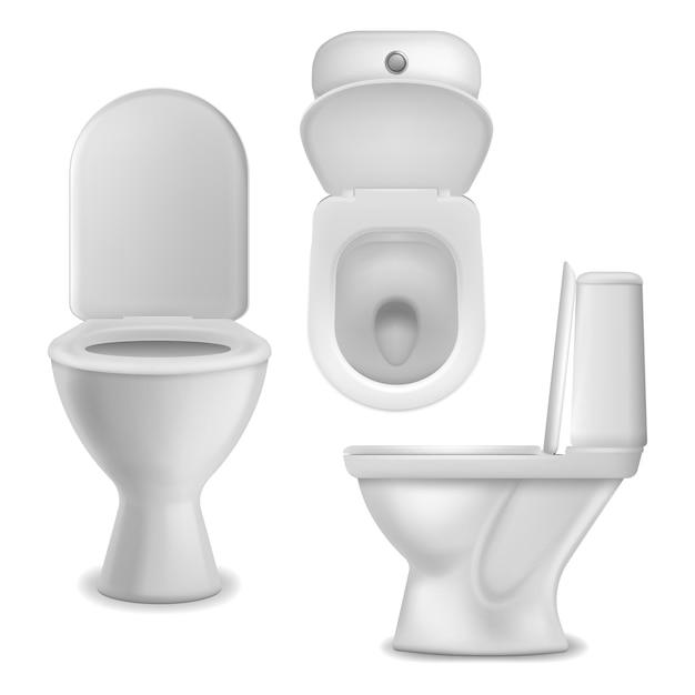 Toilet bowl realistic clean lavatory bathroom ceramic bowls group top side and front view white toilet basin cloakroom or restroom interior object closeup mockup vector isolated set