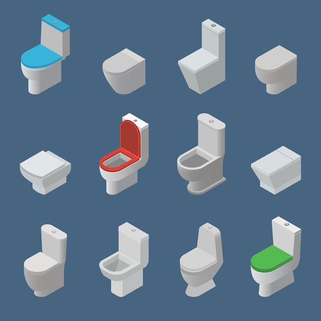 Toilet bowl and seat vector isometric icons toiletries flush and bathroom ceramic equipment or sanit...