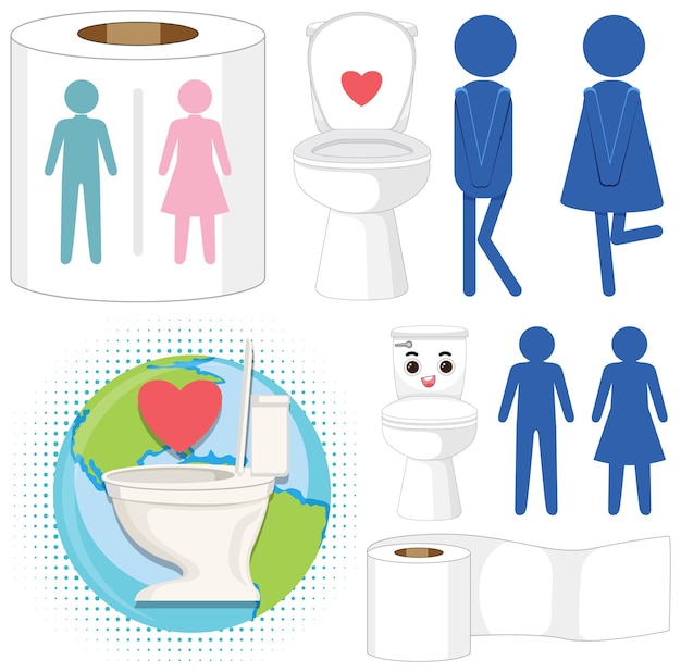 Vector toilet cartoon icons set voor badkamerinrichting en bewegwijzering