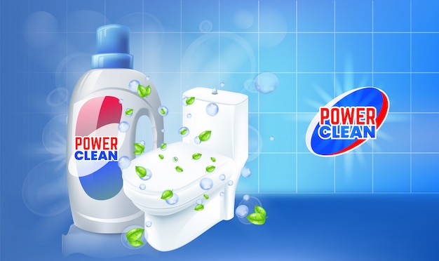 Vector toilet cleaner gel ads. realistic illustration with top view of toilet.