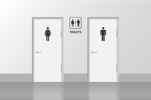 ベクトル トイレのドア男性と女性の性別トイレ壁付きバスルーム