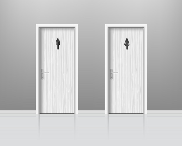 Vector toilet doors for male and female genders. woden door for man and woman lavatory room, wc realistic composition. .