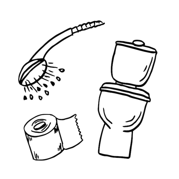 Toilet douche toiletpapier hand getekende illustratie pictogram ontwerpsjabloon