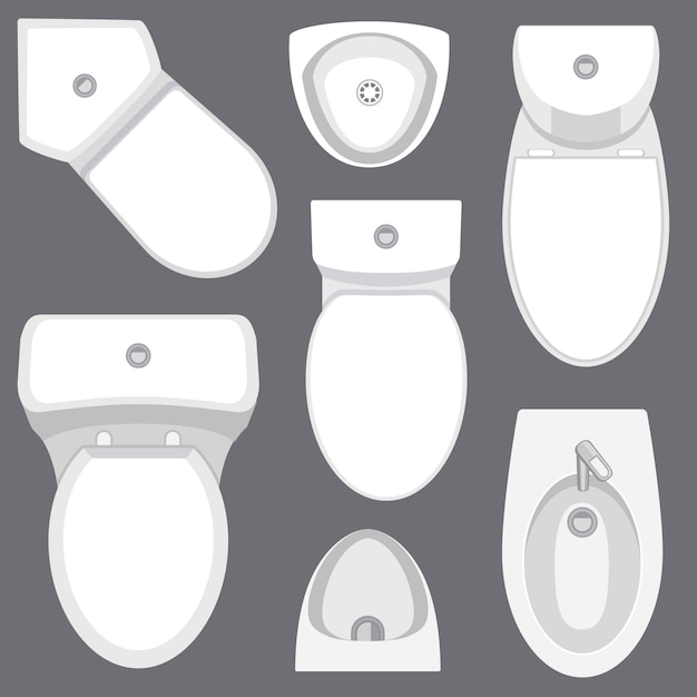 インテリア用トイレ設備トップビューコレクション。フラットスタイルのイラスト。さまざまなトイレのタイプのセット。