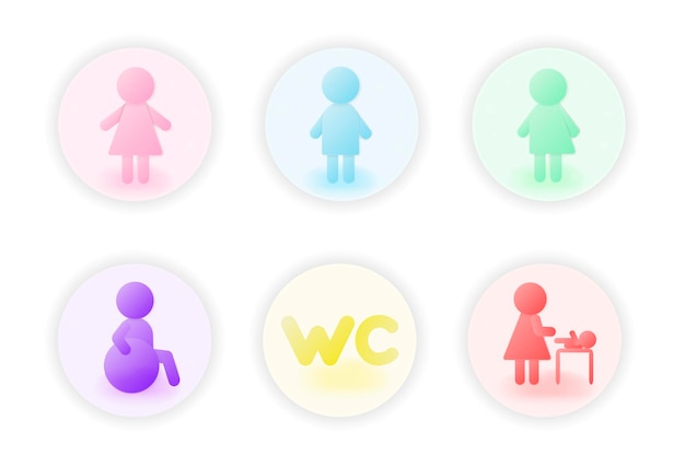Значок туалета с надписью аббревиатура BC мужской женский туалет для инвалидов для матери с ребенком и трансгендеров в трехмерном градиентном объемном стиле