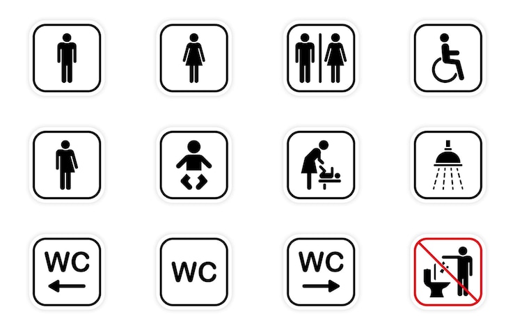 Vector toilet kamer silhouet icon set van wc teken openbare wasruimte voor gehandicapte mannelijke vrouwelijke transgender