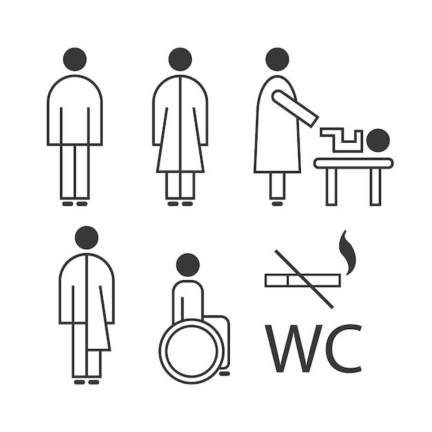 Toilet line icon set WC sign. Men, women, mother with baby and handicap symbol