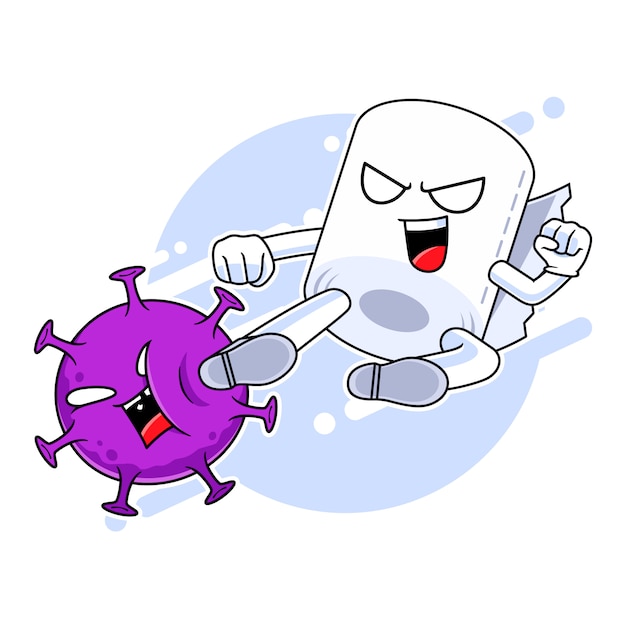 Toilet paper mascot character kicking corona virus, fight against virus concept