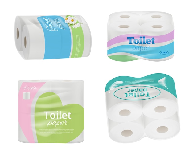 Toilet paper package design Absorbent hygienic paper soft towels rolls in transparent containers with labels design and place for text decent vector illustrations realistic style Hygiene toilet soft