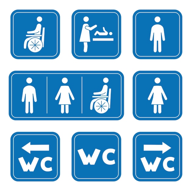 Toilet pictogrammen man vrouw rolstoel persoon symbool en baby veranderende man vrouw wc symbool