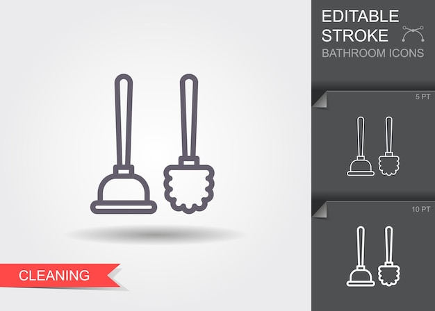 Vector toilet plunger and brush line icon with editable stroke with shadow