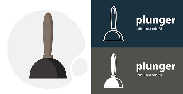 Toilet Plunger isolated tool flat icon with Toilet Plunger solid line icons