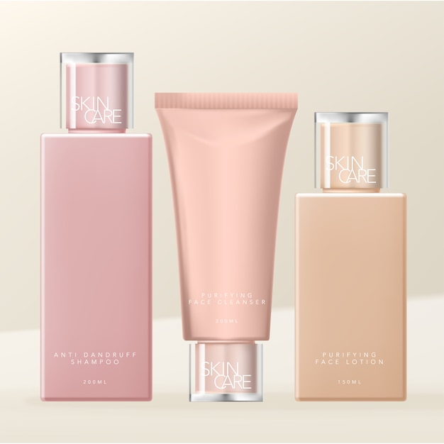 Vector toiletries, skin care or beauty dual layers transparent cap bottle & tube packaging, nude colors.