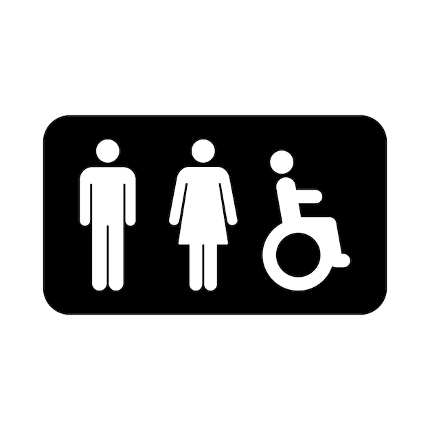 Toilettekenvector met man vrouw en gehandicapt rolstoelsymbool in een glyph-pictogramillustratie