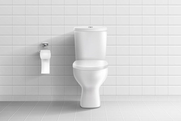 Toilettenkamer Zitwand met keramische tegels kom in badkamer witte deksel voor loodgieterij staalhouder voor rolpapier toilet interieur wc 3d geïsoleerde elementen Vector realistische illustratie