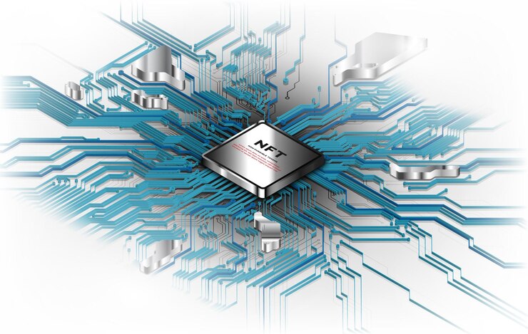 Vector token nft text on cpu chip with digital circuit board background concept of nft becomes more popular and well known product from crypto currency technology