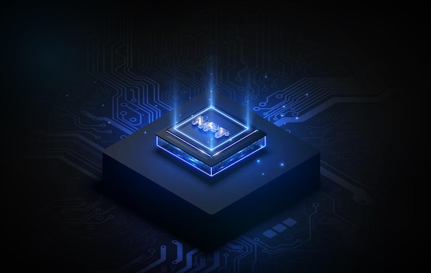 Token NFT text on CPU chip with digital circuit board background Concept of NFT becomes more popular and well known Product from crypto currency technology