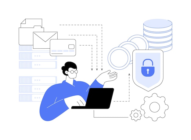 Вектор Токенизация изолированных анимационных векторных иллюстраций специалист центра обработки данных с ноутбуком, работающим с