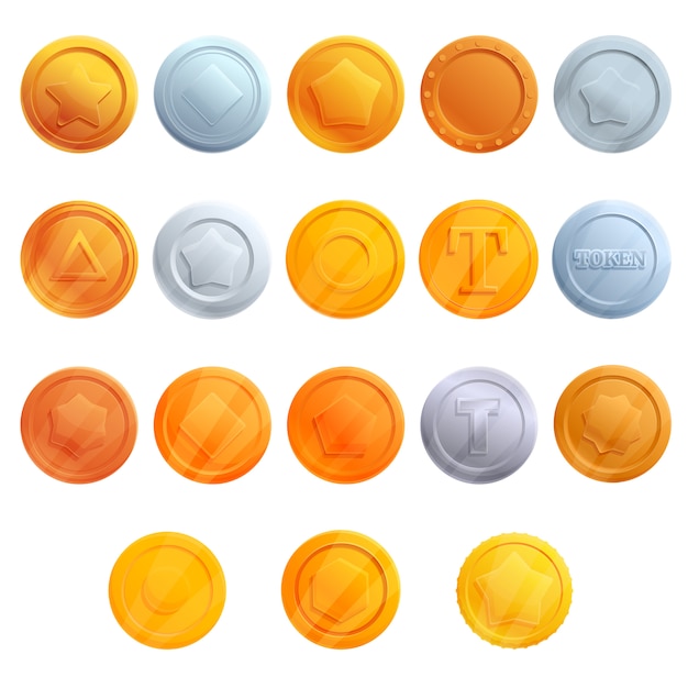 Tokens icons set, cartoon style