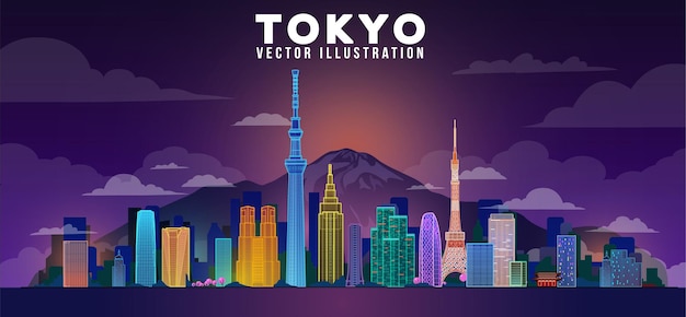 Vettore illustrazione di vettore dell'orizzonte di notte della città di tokyo