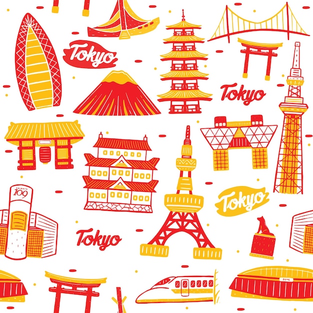 Tokyo city seamless pattern with landmarks elements