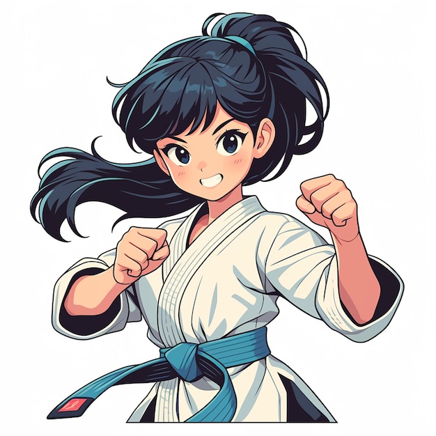 A Tokyo girl practices her karate moves in cartoon style