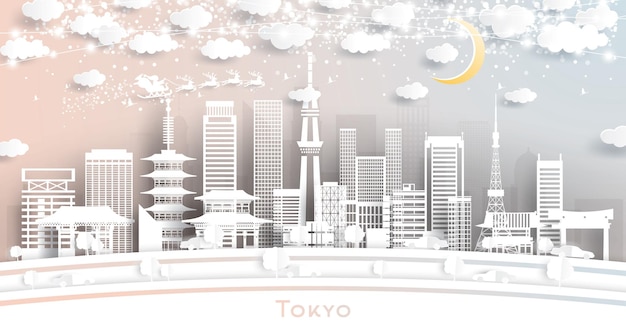 Tokyo Japan City Skyline in papier gesneden stijl met sneeuwvlokken, maan en neon slinger. Vectorillustratie. Kerstmis en Nieuwjaar Concept. Kerstman op slee.