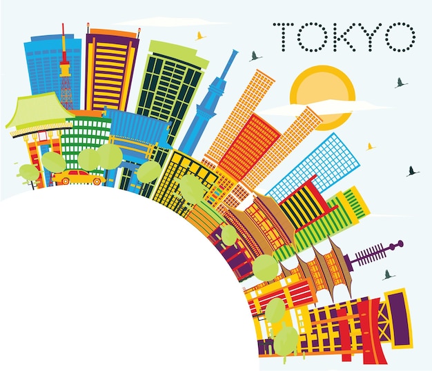 Tokyo Japan City Skyline met kleur gebouwen, blauwe lucht en kopie ruimte. Vectorillustratie. Zakelijk reizen en toerisme Concept met moderne architectuur. Tokyo stadsgezicht met monumenten.